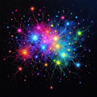 The primary subject of the image is a vibrant and colorful display of light, resembling a neon sign or a lightning bolt. The setting is a dark background, which contrasts with the bright colors of the light display. The visual style is a combination of digital art and illustration, creating a dynamic and eye-catching scene. The colors and mood of the image are predominantly energetic and lively, with the bright colors and lighting evoking a sense of excitement and movement.